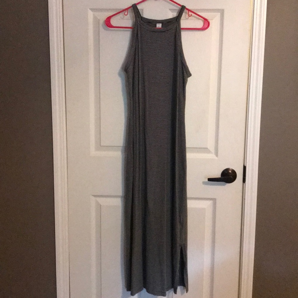 Dark green and white striped maxi dress